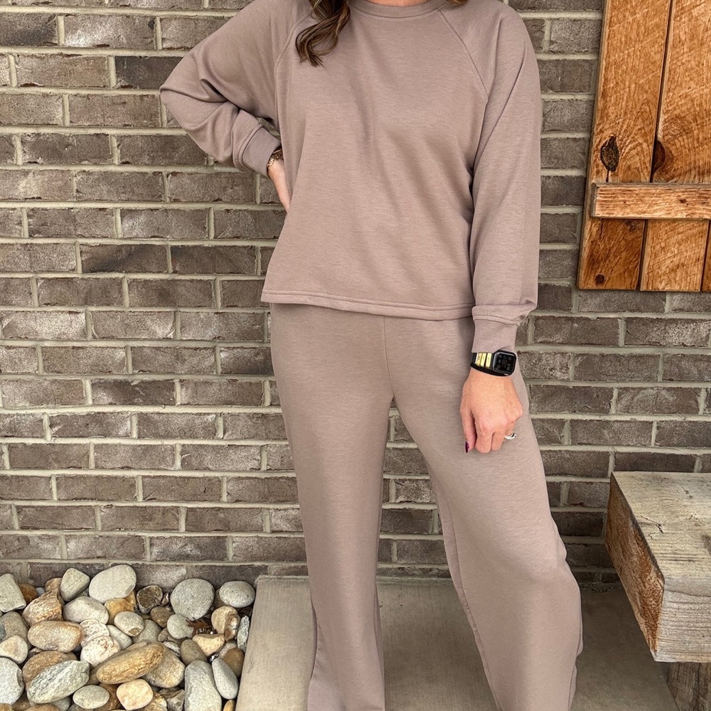 New Zenana Scuba Crewneck Sweatshirt Pants Set beige cocoa taupe large lounge - Picture 4 of 7